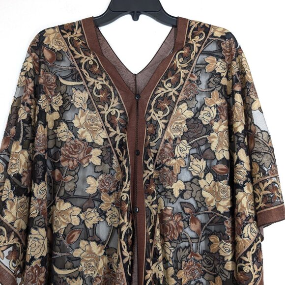 UNBRANDED Kimono Women's OS Floral Brown Black Metallic Sheer‎ Buttons Fringe - Picture 3 of 16